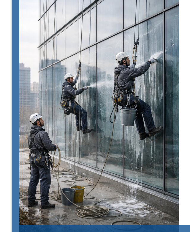 Промышленная мойка панорамных окон на высоте в Климовске