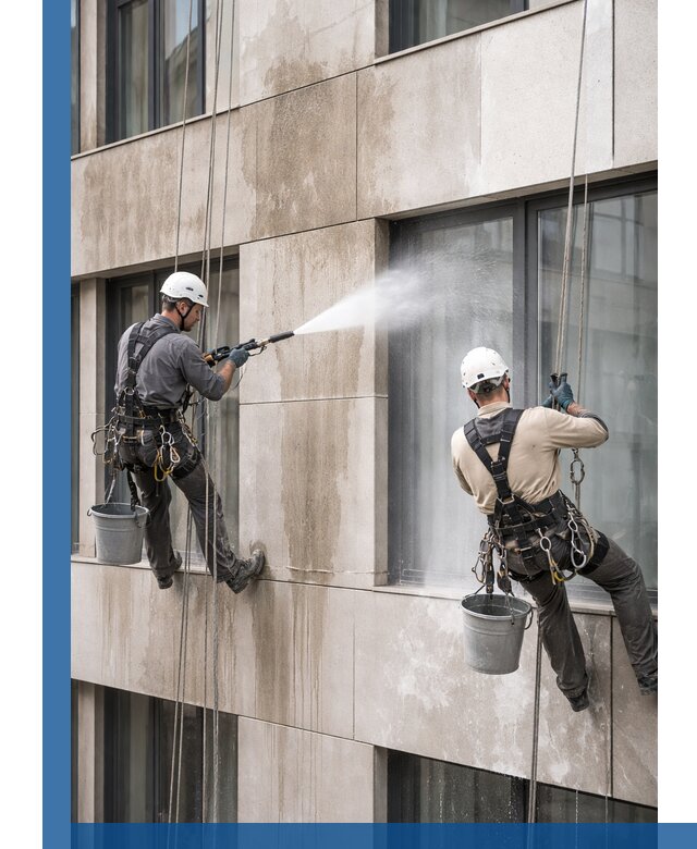 Послестроительная мойка фасада промышленным альпинизмом в Климовске