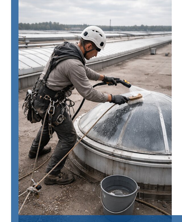 Мойка зенитных фонарей на кровле для промышленных объектов в Климовске