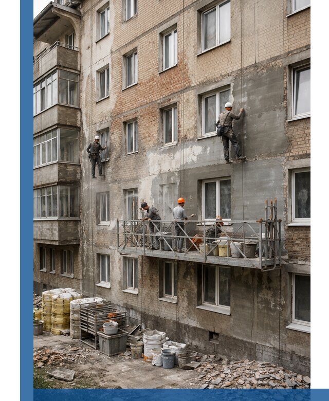 Капитальный ремонт фасада в Климовске с восстановлением и гидроизоляцией