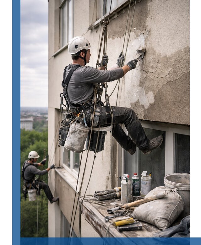 Косметический ремонт фасада зданий в Климовске промышленными альпинистами