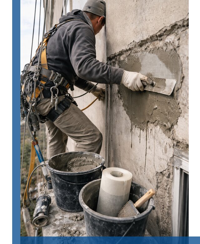 Ремонт бетонных элементов фасада промышленными альпинистами в Климовске