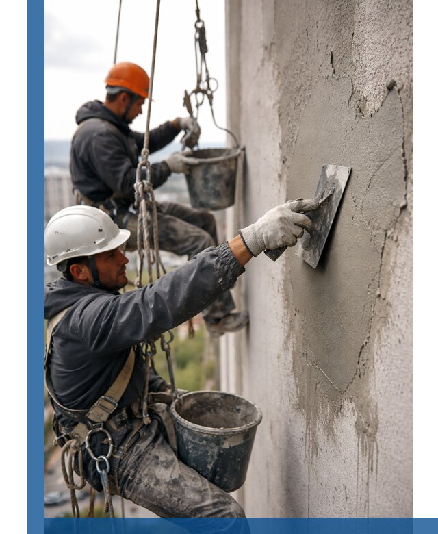 Штукатурка фасада на высоте в Климовске профессиональные работы