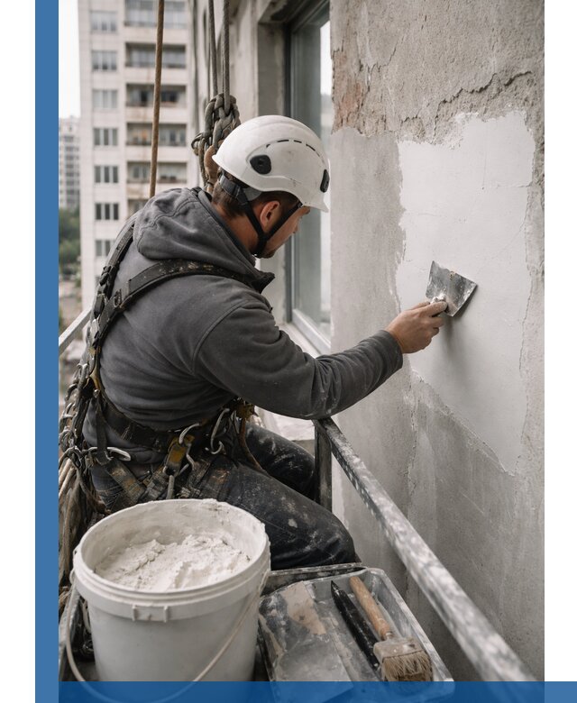 Шпаклевка фасадов на высоте с промальпинистами в Климовске