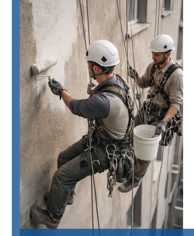 Грунтовка фасада на высоте в Климовске промышленными альпинистами