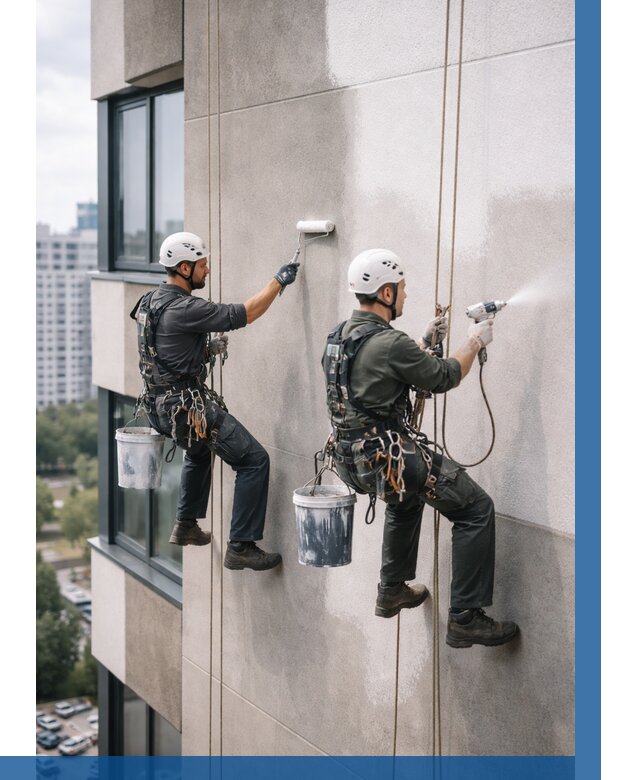 Покраска фасада альпинистами в Климовске от 304 р. | ВЫСОТНИК-Клс