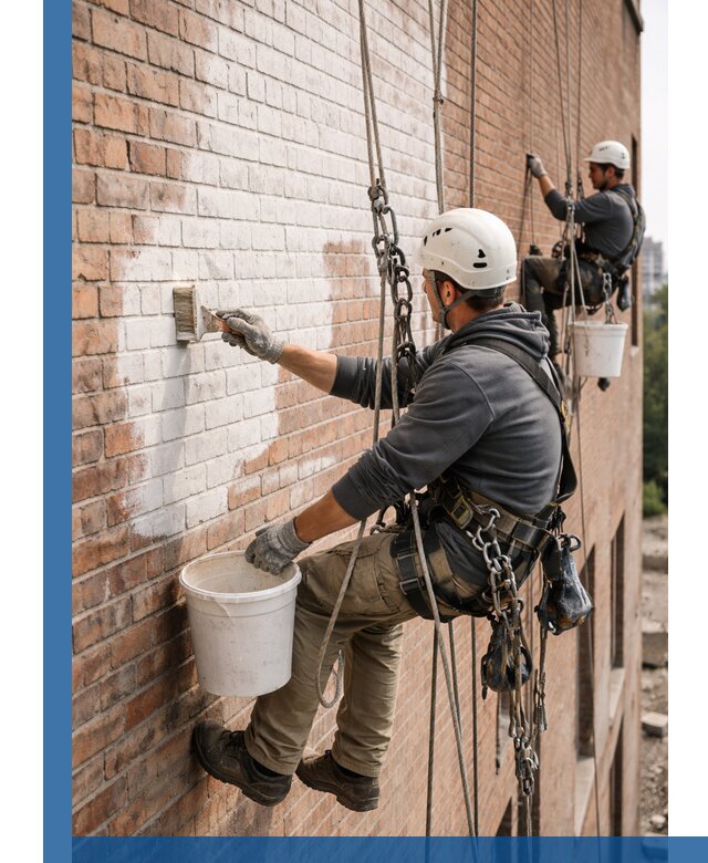 Покраска кирпичного фасада с доступным альпинистским сервисом в Климовске