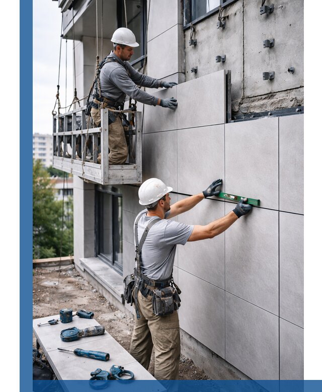 Монтаж керамогранита на фасад в Климовске под ключ с гарантией качества