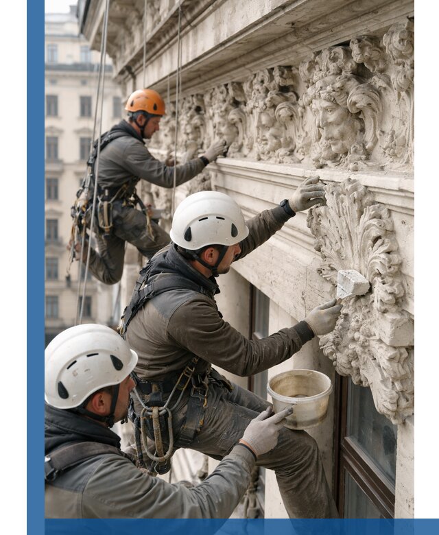 Реставрация фасадной лепнины с высотными работами в Климовске