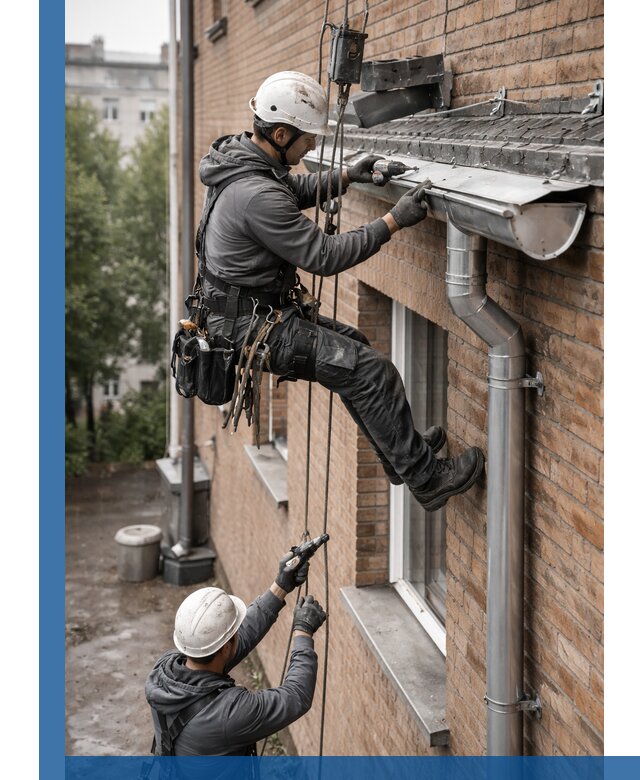 Монтаж водосточной системы на здании в Климовске под ключ