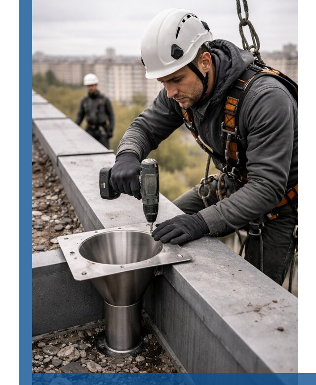 Монтаж водосточных воронок в Климовске для промышленных зданий