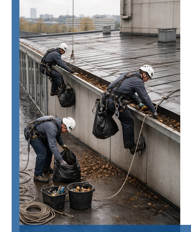 Очистка кровли по периметру в Климовске силами промышленных альпинистов