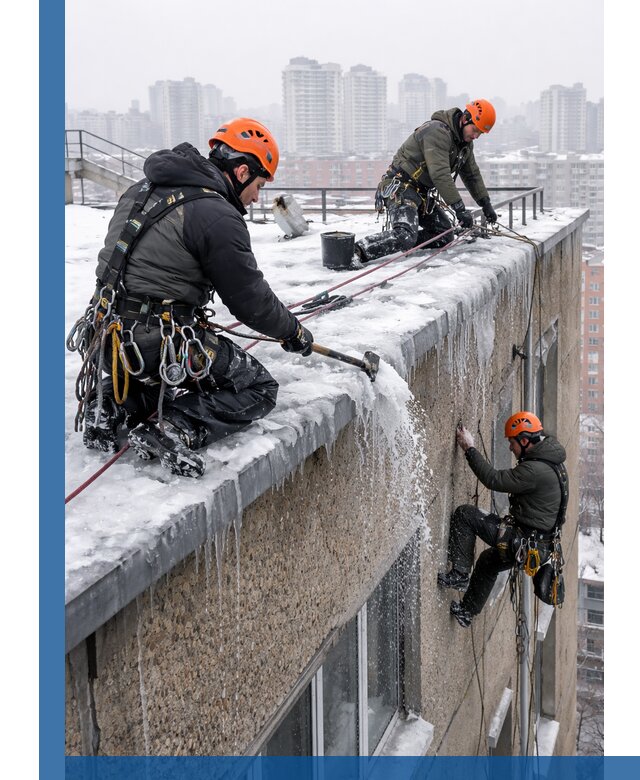 Удаление наледи с кровли в Климовске промышленными альпинистами