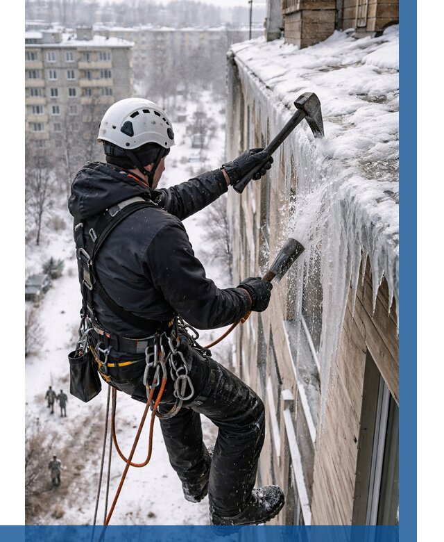 Сбивание сосулек с крыши в Климовске по цене от 4558 р. | ВЫСОТНИК-Клс