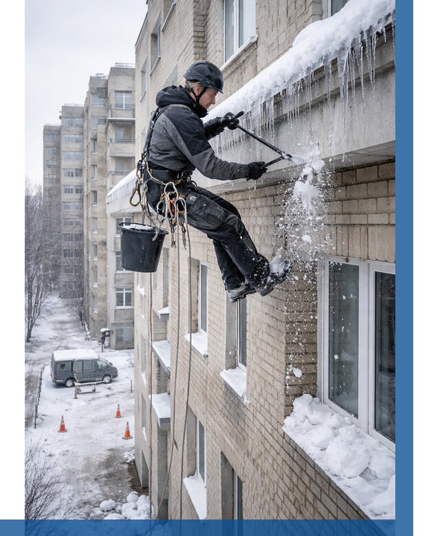 Удаление наледи с карнизов в Климовске от 354 р. | ВЫСОТНИК-Клс