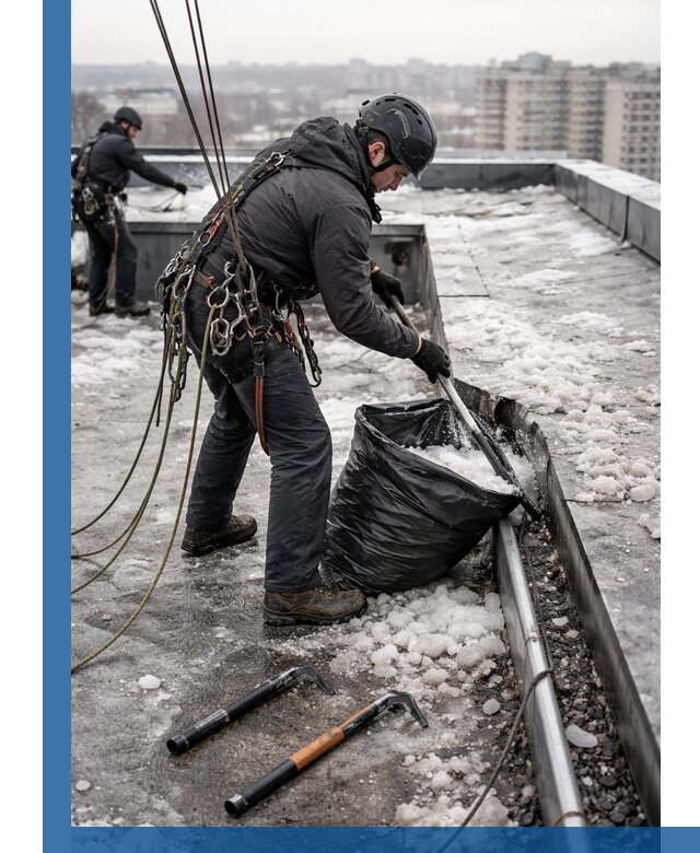 Аварийная очистка кровли в Климовске от промальпинистов