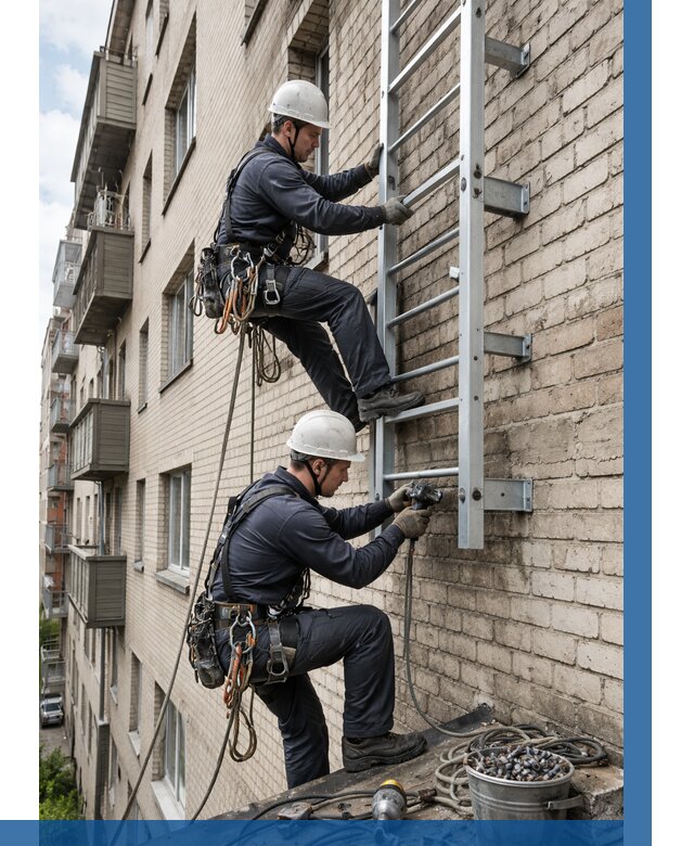 Монтаж пожарной лестницы в Климовске от 25320 р заказать у ВЫСОТНИК-Клс