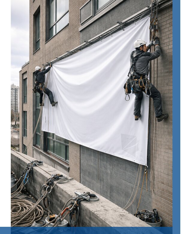 Монтаж баннеров на фасаде в Климовске от 658 р. заказать ВЫСОТНИК-Клс