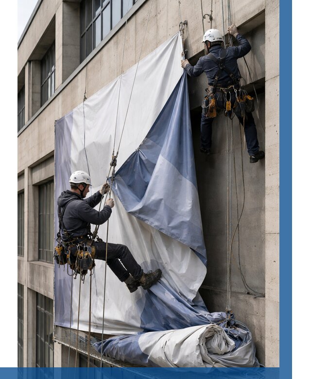 Демонтаж баннеров с фасада в Климовске от 4558 р. | ВЫСОТНИК-Клс