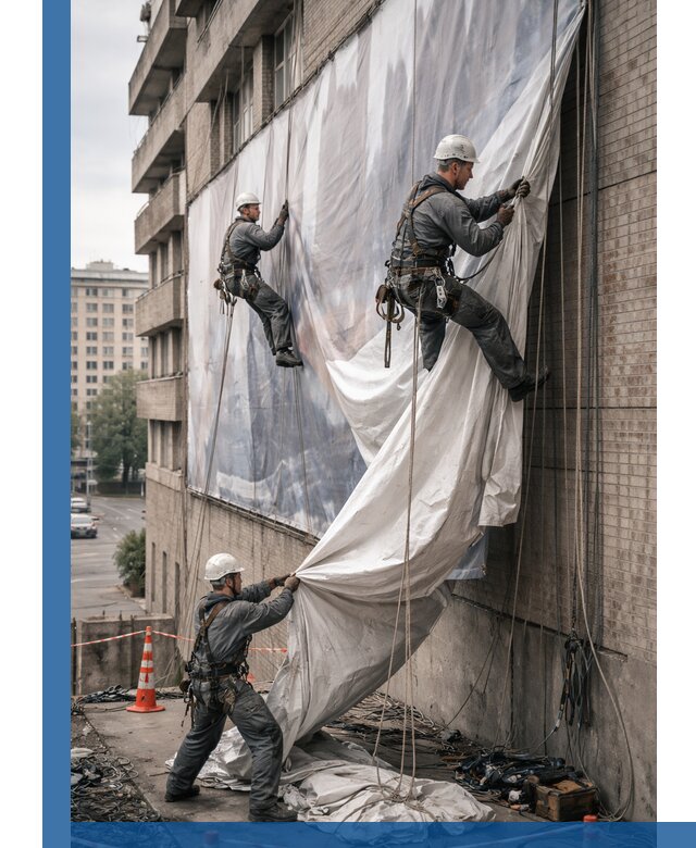 Демонтаж баннеров с фасада в Климовске оперативно и безопасно