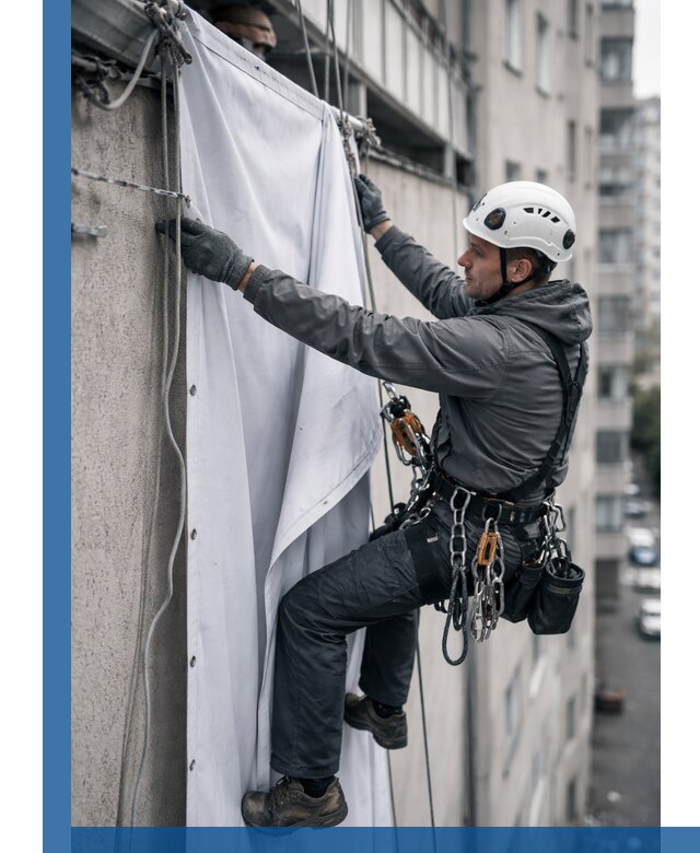 Замена баннерного полотна промышленными альпинистами в Климовске