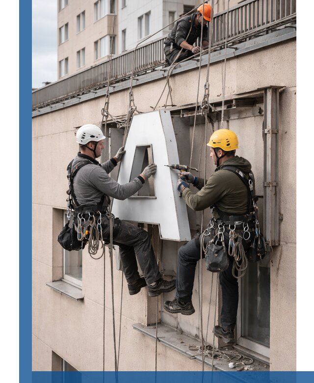 Ремонт и восстановление наружных вывесок на высоте в Климовске