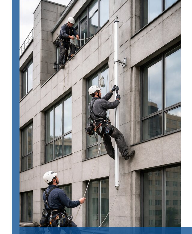 Монтаж флагштока на фасаде здания с креплением и герметикой в Климовске