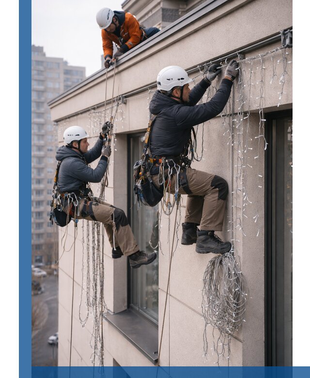 Монтаж праздничных гирлянд на фасаде в Климовске для зданий