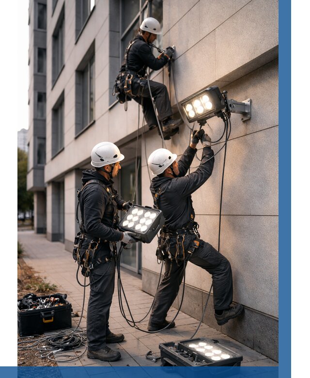 Монтаж прожекторов на фасаде в Климовске от 7596 р. | ВЫСОТНИК-Клс