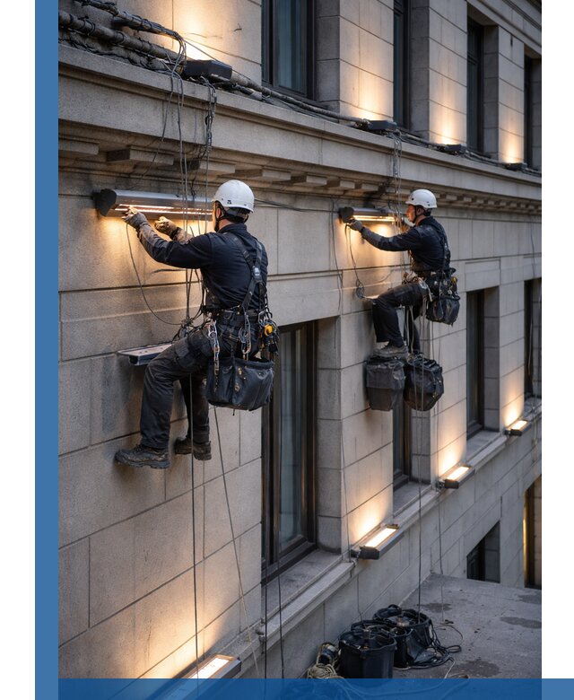 Монтаж архитектурной подсветки фасадов зданий в Климовске