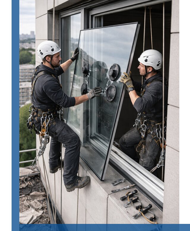 Замена стеклопакетов на высоте с промышленными альпинистами в Климовске