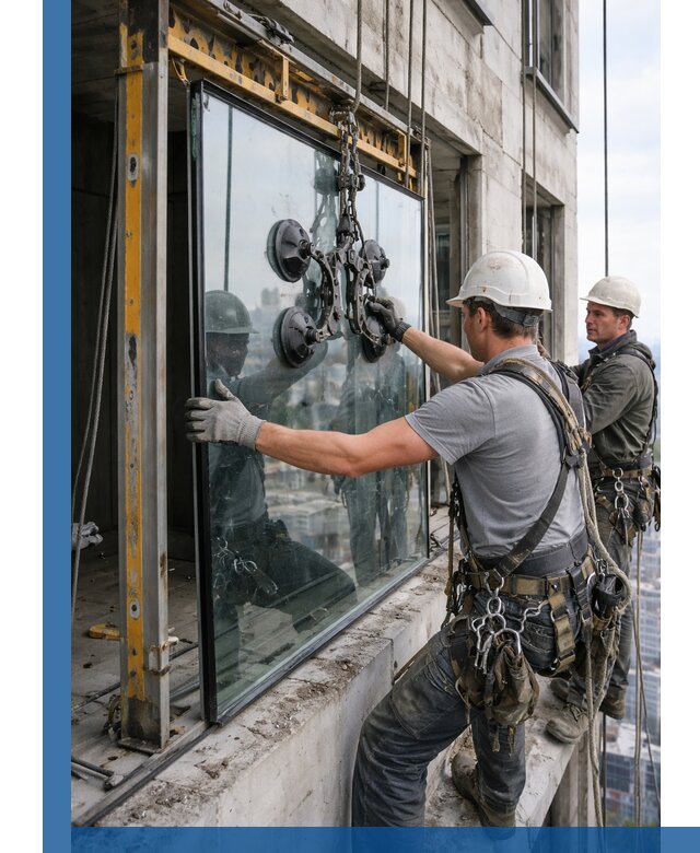 Монтаж стеклопакетов на высоте в Климовске с промышленным альпинизмом
