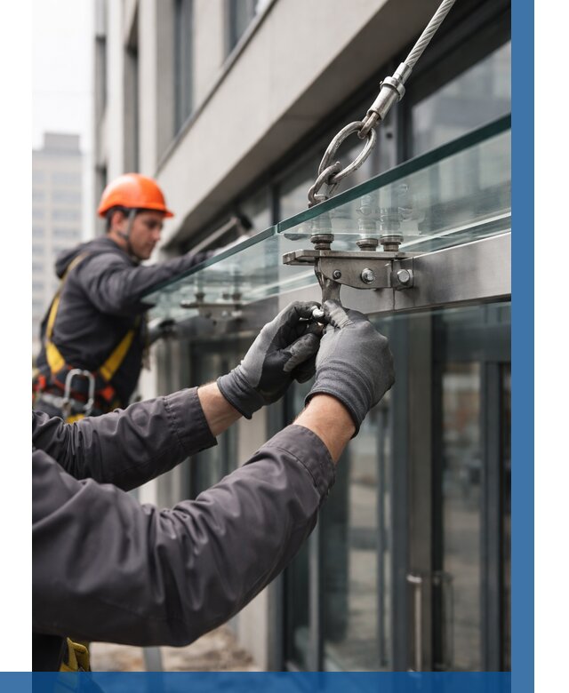 Монтаж стеклянных козырьков в Климовске от 8609 р. | ВЫСОТНИК-Клс