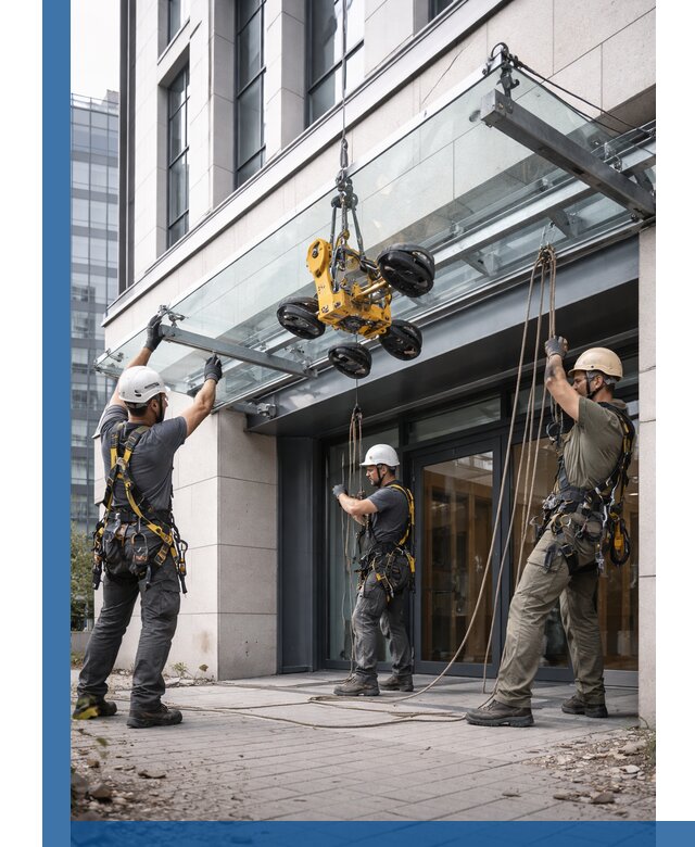 Монтаж стеклянных козырьков под ключ в Климовске для зданий