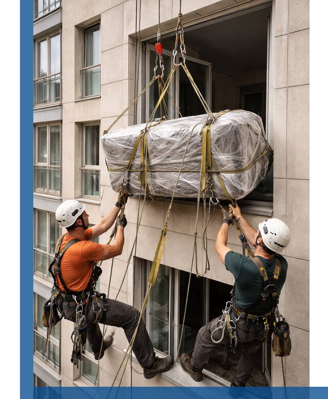 Подъем грузов через окно в Климовске промышленными альпинистами