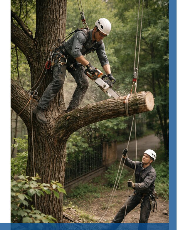 Спил деревьев альпинистами в Климовске от 8102 р. | ВЫСОТНИК-Клс