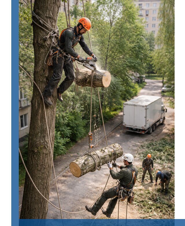 Спил деревьев альпинистами в Климовске, безопасно и без повреждений