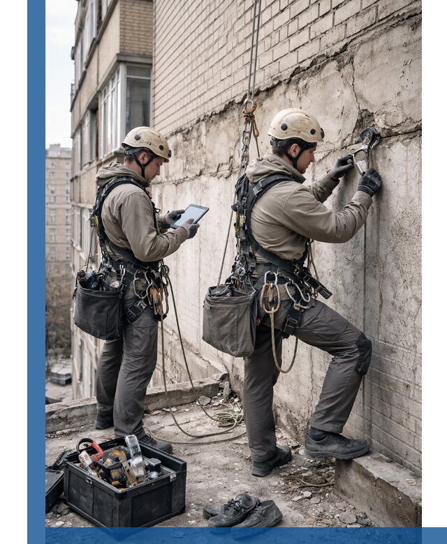 Обследование фасада промышленными альпинистами в Климовске