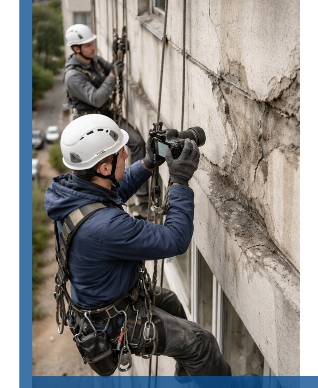 Фотофиксация дефектов фасада с высотной съемкой в Климовске