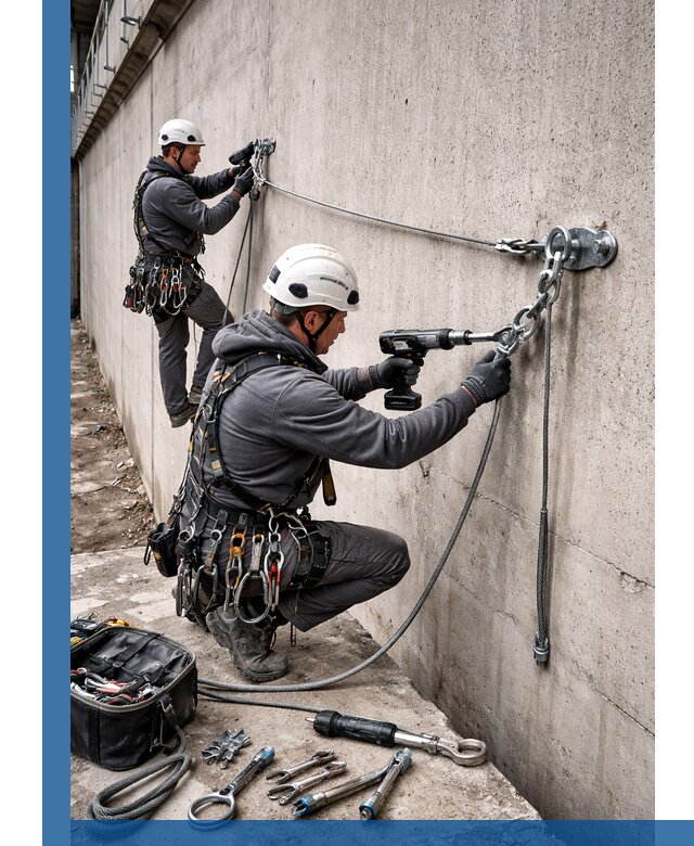 Монтаж анкерных линий высотной безопасности в Климовске